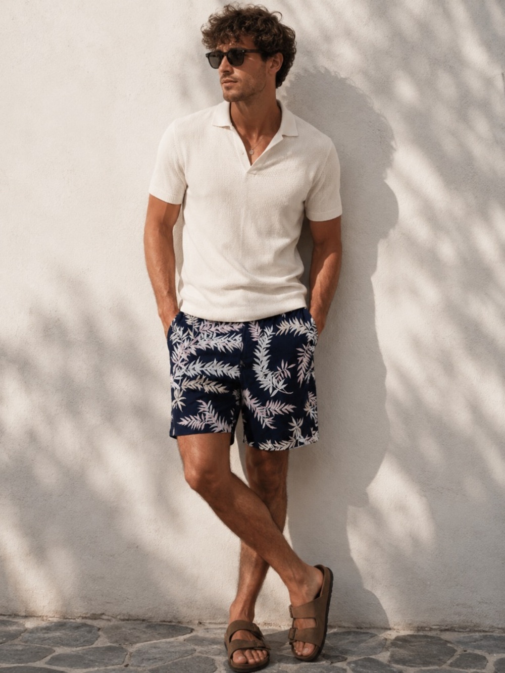 Club Monaco Navy Floral Leaf Print Hybrid Shorts